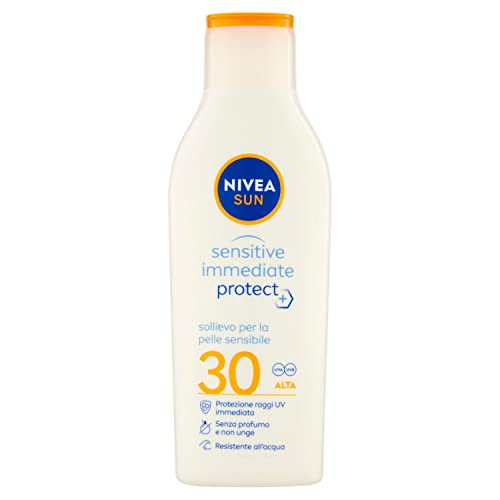 Nivea Sun Crema Solare Sensitive Immediate Protect Fp30 In Flacone Da 200 Ml, Latte Solare Con Aloe Vera E Olio Di Jojoba, Protezione Solare Resistent