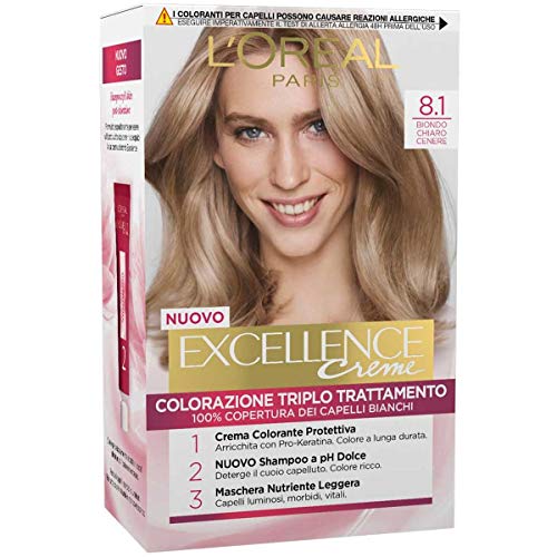 L’Oréal Paris Colorazione Triplo Trattamento Excellence, Con Acido Ialuronico, 100% Copertura Capelli Bianchi, Per Capelli Più Idratati, Biondo Chiaro