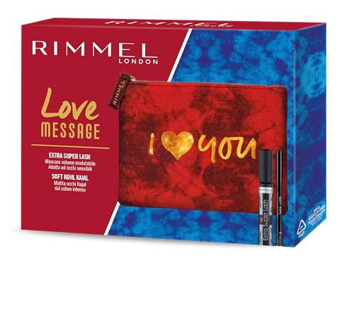Rimmel London Kit Regalo Donna Love Message, Pochette Small Red Con Mascara Nero Extra Super Lash Allungante E Volumizzante E Matita Occhi Soft Kajal