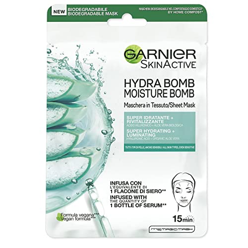 Garnier Maschera In Tessuto Skin Active Hydra Bomb, Formula Super Idratante E Rivitalizzante, Per Tutti I Tipi Di Pelle, Con Acido Ialuronico E Aloe V