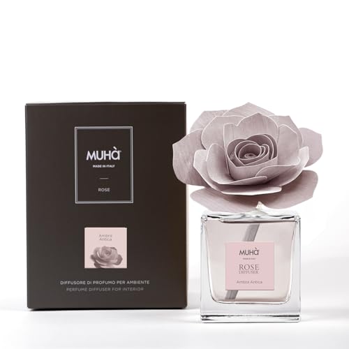 Muha' | Profumatore Per Ambienti Rosa Diffuser, Fragranza Ambra Antica, Diffusore Ambiente Con Rosa In Legno Di Betulla, Formato Da 100 Ml