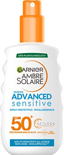 Garnier Ambre Solaire Spray Protettivo Advanced Sensitive, Viso E Corpo, Con Protezione Molto Alta Spf 50+, Formula Ipoallergenica Resistente A Acqua,