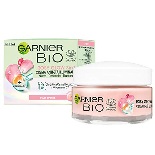 Garnier Bio Rosy Glow, Crema Rosa Idratante 3-In-1, Azione Nutriente, Rassodante E Illuminante, Arricchita Con Olio Di Rosa Canina Bio E Vitamina C, F