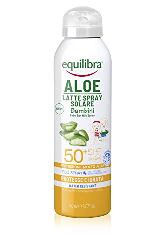 Equilibra Solari, Aloe Latte Spray Solare Bambini Spf 50+, Latte Solare Per Bambini Con Aloe Vera, Olio Di Cocco E Argan, Vitamina E, Protegge Da Scot