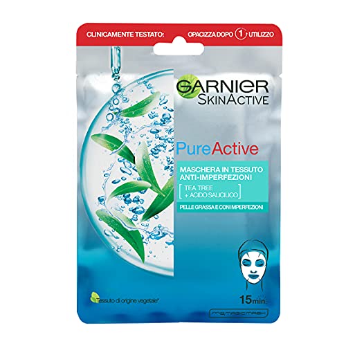 Garnier Skinactive, Maschera In Tessuto Anti-Imperfezioni E Idratante Pure Active, Per Pelli Grasse Con Imperfezioni