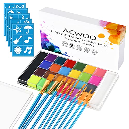 Acwoo Face Body Painting, 26 Colori Truccabimbi Kit Con 30 Stampini E 10 Pennelli, Pittura Corpo Pittura A Olio Professionale Flash Tattoo Makeup Pale