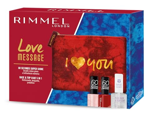 Rimmel London Kit Regalo Donna Love Message, Pochette Small Red Con Nail Base & Top Coat 5In1 E Smalto Unghie 60 Seconds Colore 210 Ethereal E 315 Que