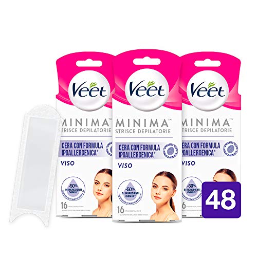 Veet Strisce Depilatorie Viso, Ipoallergeniche, 3 Confezioni Da 16 Strisce