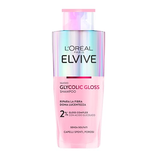 L'Oréal Paris Elvive Shampoo, Per Capelli Spenti E Porosi, Capelli Setosi, Con Acido Glicolico, Senza Solfati, Glycolic Gloss, 200 Ml