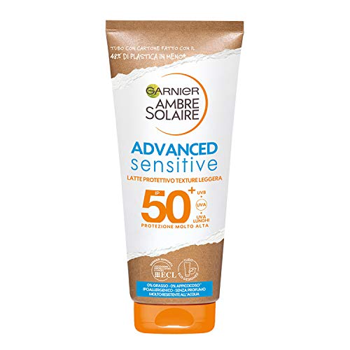 Garnier Ambre Solaire Latte Protettivo Ip 50+ Advanced Sensitive, Protezione Molto Alta, Texture Leggera, 200 Ml