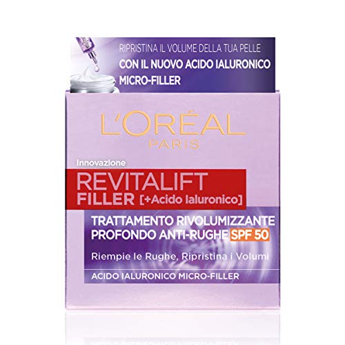 L'Oréal Paris Crema Viso Giorno Revitalift Filler, Azione Antirughe Rivolumizzante Con Acido Ialuronico Micro-Filler, Spf 50, 50 Ml