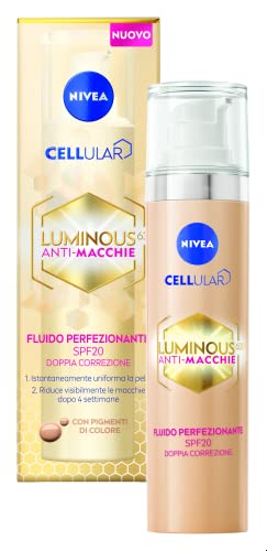 Nivea Cellular Luminous630 Anti-Macchie Viso 40 Ml, Fluido Perfezionante Spf 20, Crema Viso Colorata Arricchita Con Acido Ialuronico Per Combattere I 