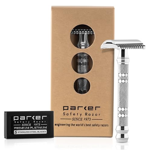 Parker Safety Razor Parker 24C -Tre Pezzo Aperto Pettine Doppio Bordo Rasoio Di Sicurezza E 5 Premium Lame Da Rasoio A Doppio Bordo