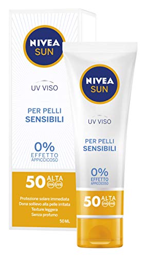 Nivea Sun Uv Viso Crema Solare Per Pelli Sensibili Fp50 Da 50 Ml, Crema Viso Con 0% Effetto Appiccicoso, Crema Idratante E Protettiva Che Protegge Dal