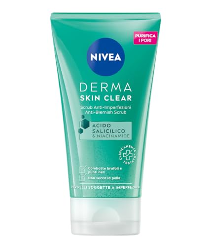 Nivea Derma Skin Clear Scrub Viso Anti-Imperfezioni 150 Ml, Scrub Esfoliante Pelle Grassa E Mista Con Acido Salicilico, Sale Marino E Niacinamide, Esf