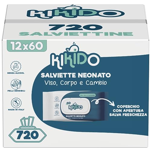 Kikido Salviette Neonato Umidificate - 720 Salviettine, 12 Confezioni Da 60 Salviette Umidificate Bambini - Formula Delicata Per Pelli Sensibili - Cop