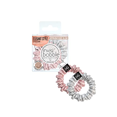 Invisibobble Scrunchies Per Capelli Raso Rosa E Argento X2 Sprunchie Slim - Elastico Per Capelli Scrunchie Con Un Elastico A Spirale All´Interno In Ra
