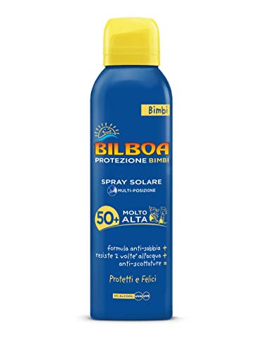 Bilboa Bimbi Spray Solare Bambini Multiposizione Con Protezione Molto Alta Spf 50+, Formula Resistente All'Acqua E Anti Scottature, Dermatologicamente