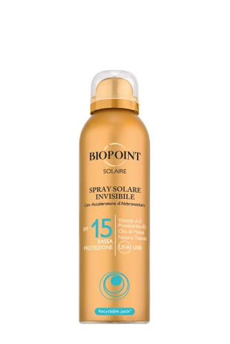 Biopoint Solaire Spray Solare Invisibile Spf15, Bassa Protezione, 150 Ml, Con Acceleratore Di Abbronzatura, Senza Oli Minerali, Coloranti, Senza Nicke