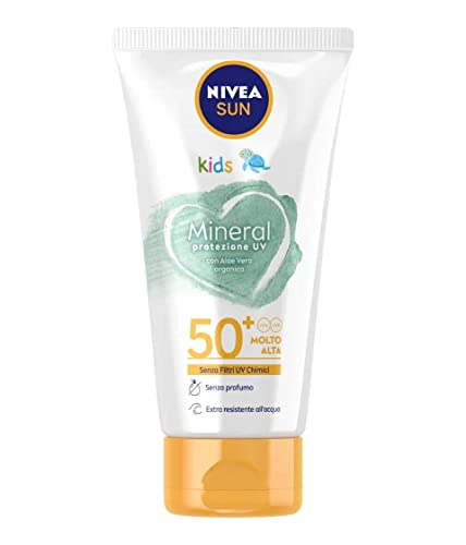 Nivea Kids Mineral Crema Solare Fp50+ In Tubo 150 Ml, Crema Bambini Con 100% Di Filtri Minerali E Aloe Vera Organica, Latte Solare Con Protezione Effi