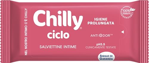 Chilly Salviettine Ciclo, Salviette Per L'Igiene Intima, Tessuto 100 % Biodegradabile, Ottimali Fuori Casa, Ph 3.5, Clinicamente Testato, Confezione D