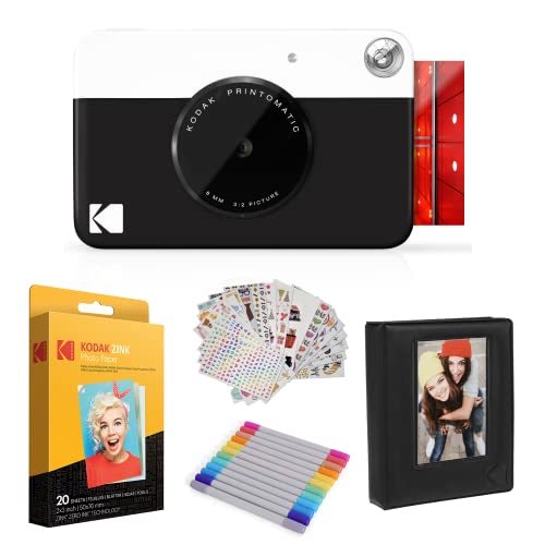 Kodak Printomatic Instant Camera (Nero) Bundle Regalo + Carta Zink (20 Fogli) + Custodia Deluxe + 7 Divertenti Set Di Adesivi + Pennarelli A Doppia Pu