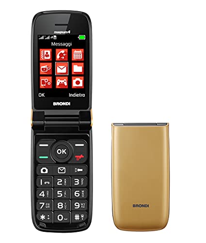 Brondi Magnum 4 Telefono Cellulare Maxi Display, Tastiera Fisica Retroilluminata, Dual Sim, 1.3 Mp, Li-Ion 800 Mah, Flip Attivo, Gold
