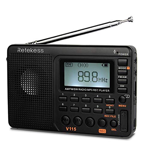 Retekess V115 Radio Fm Portatile,Radio Vintage Am Sw,Buona Ricezione,Compatto,Supporto Usb Aux Tf,Batteria Ricaricabile,Registra Il Suono,Bassi (Nero)