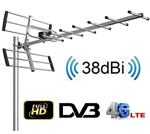 Antenna Tv Esterno Full Hd Uhf 38 Dbi Tv Tdt Dvb-T Filtro Lte Attiva