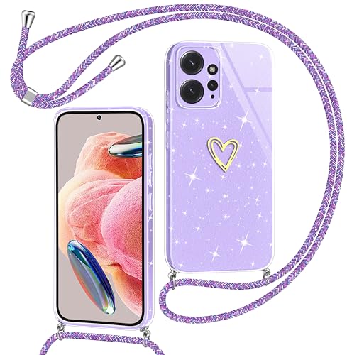 Yichxu Cover Con Cordino Per Xiaomi Redmi Note 12 4G Custodia Glitter Con Collana Tracolla, Motivo Cuore Tpu Silicone Brillantini Antigraffio Case, La