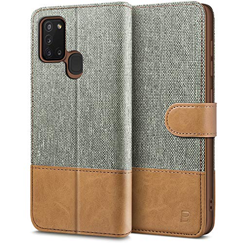 Bez Cover Samsung A21S, Custodia Per Portafoglio Samsung Galaxy A21S Protettiva In Tela E Pu Pelle Portafoglio Flip Cover Con Chiusura Magnetica, Grig