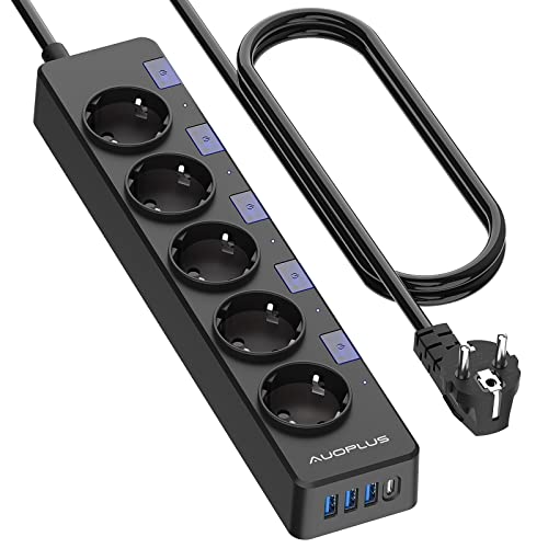 Auoplus Multiple Prese Multiple Con 5 Prese Di Corrente E 4 Porte Usb (3 Usb A+1 Usb C), Presa Multipla Di Protezione Sovratensione E Interruttori, Ca
