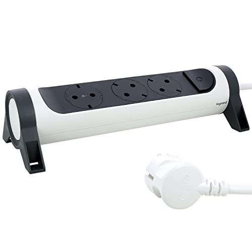 Legrand, Ciabatta Elettrica Girevole, 3 Prese, Multipresa, Montaggio A Parete O Su Tavolo, Interruttore Led On/Off, Cavo Da 3 M, Ultra Bianco/Nero, 69