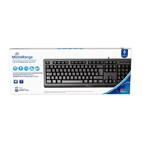 Mediarange Tastiera Cablata Con 105 Tasti, Layout Qwerty (Gr), Tastiera Pc Con Connettore Usb 2.0 Plug & Play, Resistente Agli Spruzzi D'Acqua E Regol