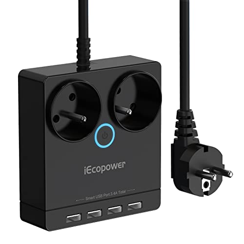 Iecopower Ciabatta Elettrica Con Protezione Da Sovratensione, 2 Prese, 2300 W/10 A, Multipresa Con 4 Prese Usb 3,4 A, Presa Multipla, Spina Multipla,