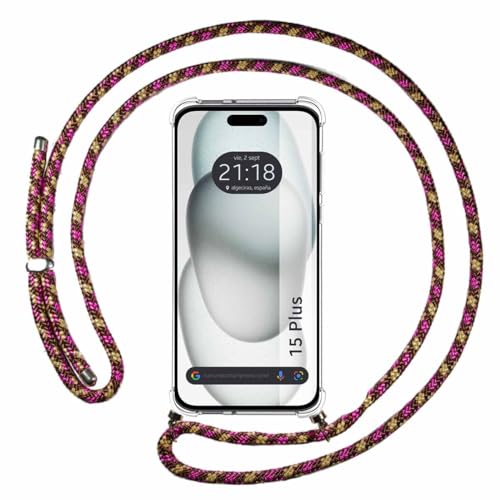 Tumundosmartphone Custodia A Sospensione Trasparente Compatibile Con Iphone 15 Plus (6.7) Con Cordino Rosa/Oro
