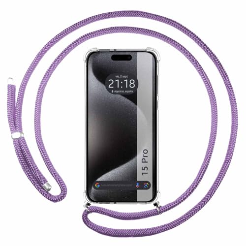 Tumundosmartphone Custodia A Sospensione Trasparente Per Iphone 15 Pro (6.1) Con Cordino Viola