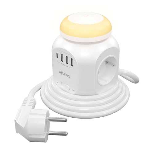 Aisens - Asps-3A1Cl01-W - Multipresa Da Tavolo Multifunzione Con 4 Prese + 1Xusb-C, 3Xusb-A, Luce Notturna, 1,8 M, Bianco