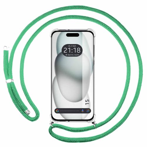 Tumundosmartphone Custodia A Sospensione Trasparente Compatibile Con Iphone 15 (6.1) Con Cordino Verde Acqua