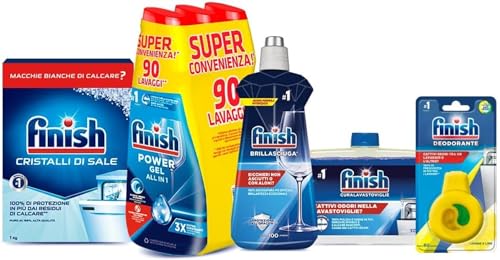 Finish Kit Lavastoviglie; Finish Powergel Detersivo Lavastoviglie Fresh 90 Lavaggi, Brillantante Regular 500Ml, Curalavastoviglie Regular 250Ml, Crist