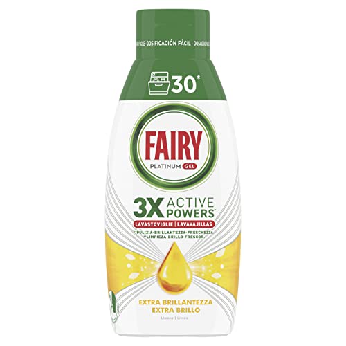 Fairy Detersivo Lavastoviglie Gel Liquido, 30 Lavaggi, Platinum Limone, Dona Extra Brillantezza Alla Lavastoviglie, Combina Pulizia Brillantezza E Fre
