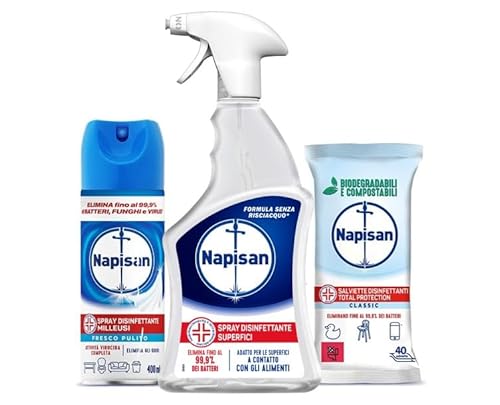 Napisan Kit Cura Della Casa, Spray Disinfettante Classico 740 Ml, 40 Salviette Disinfettanti Biodegradabili Formula 0%, Spray Disinfettante Milleusi F