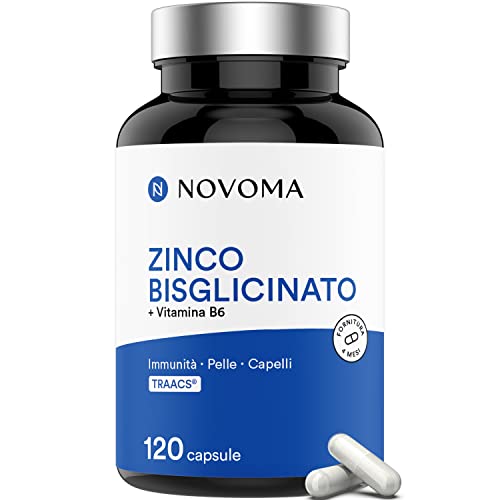 Novoma Zinco Bisglicinato 15Mg Traacs®, Con Vitamina B6 Bio-Attiva, Zinco Alto Assorbimento, Integratore Antiossidante Per Uomo E Donna, Migliora La P
