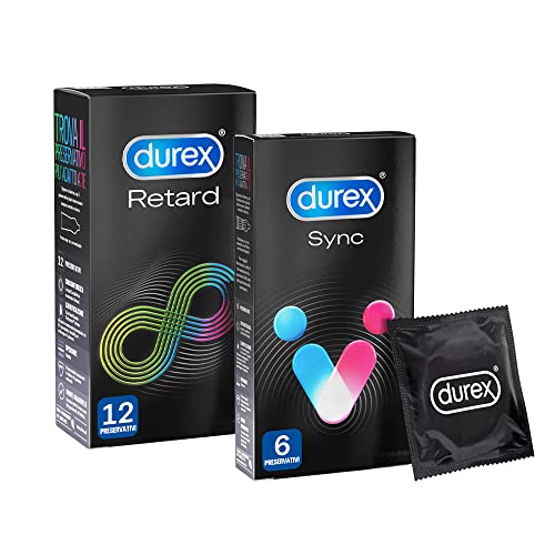 Durex Preservativi Stimolazione E Lunga Durata, 12 Profilattici Durex Retard E 6 Preservativi Durex Sync Con Rilievi E Nervature