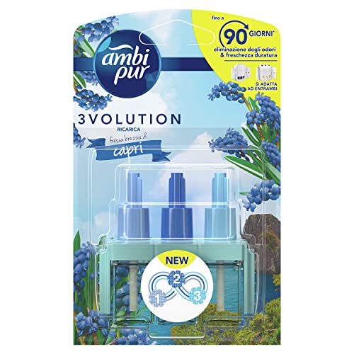 Ambi Pur 3Volution Profumatore Per Ambienti, 1 Ricarica Per Diffurore Elettrico, Fragranza Fresca Brezza Di Capri, Tecnologia Elimina Odori, Fino A 90