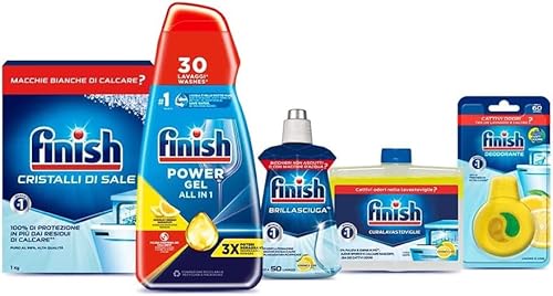 Finish Kit Lavastoviglie; Powergel Detersivo Lavastoviglie Lemon 30 Lavaggi, Brillantante Limone 250Ml, Curalavastoviglie Limone 250Ml, Cristalli Di S
