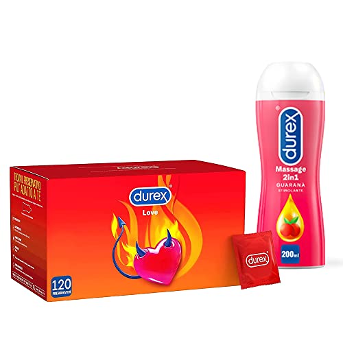 Durex Kit Preservativi & Gel, Durex Love 120 Profilattici E Gel Massage 2In1 Guaranà 200 Ml, Maxi Formato