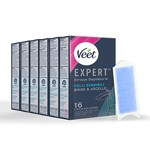 Veet Expert, Strisce Depilatorie Ascelle E Bikini Pelli Sensibili 96 Strisce, 6 Confezioni