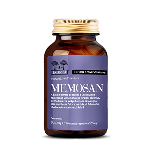 Memosan Salugea - Integratore Naturale Per La Memoria E La Concentrazione - Con Bacopa, Schisandra, Reishi, Rhodiola E Centella - 60 Capsule Vegetali