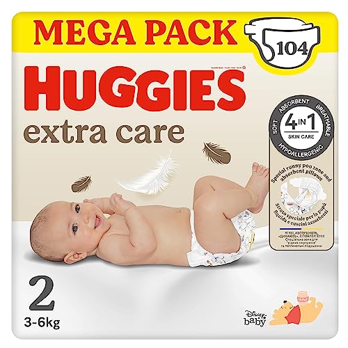 Huggies Pannolini Extra Care Bebè, Taglia 2 (3-6Kg), Confezione Da 104 Pannolini (Megapack)